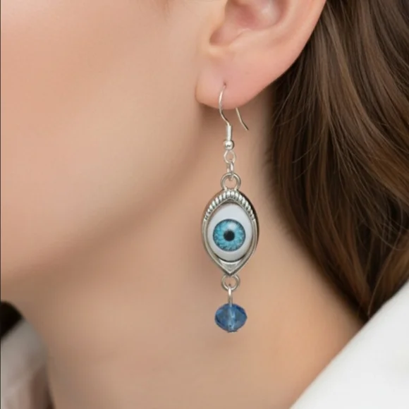 Mystic Blue Evil Eye Dangle Earrings. 6 Cm - Picture 1 of 5